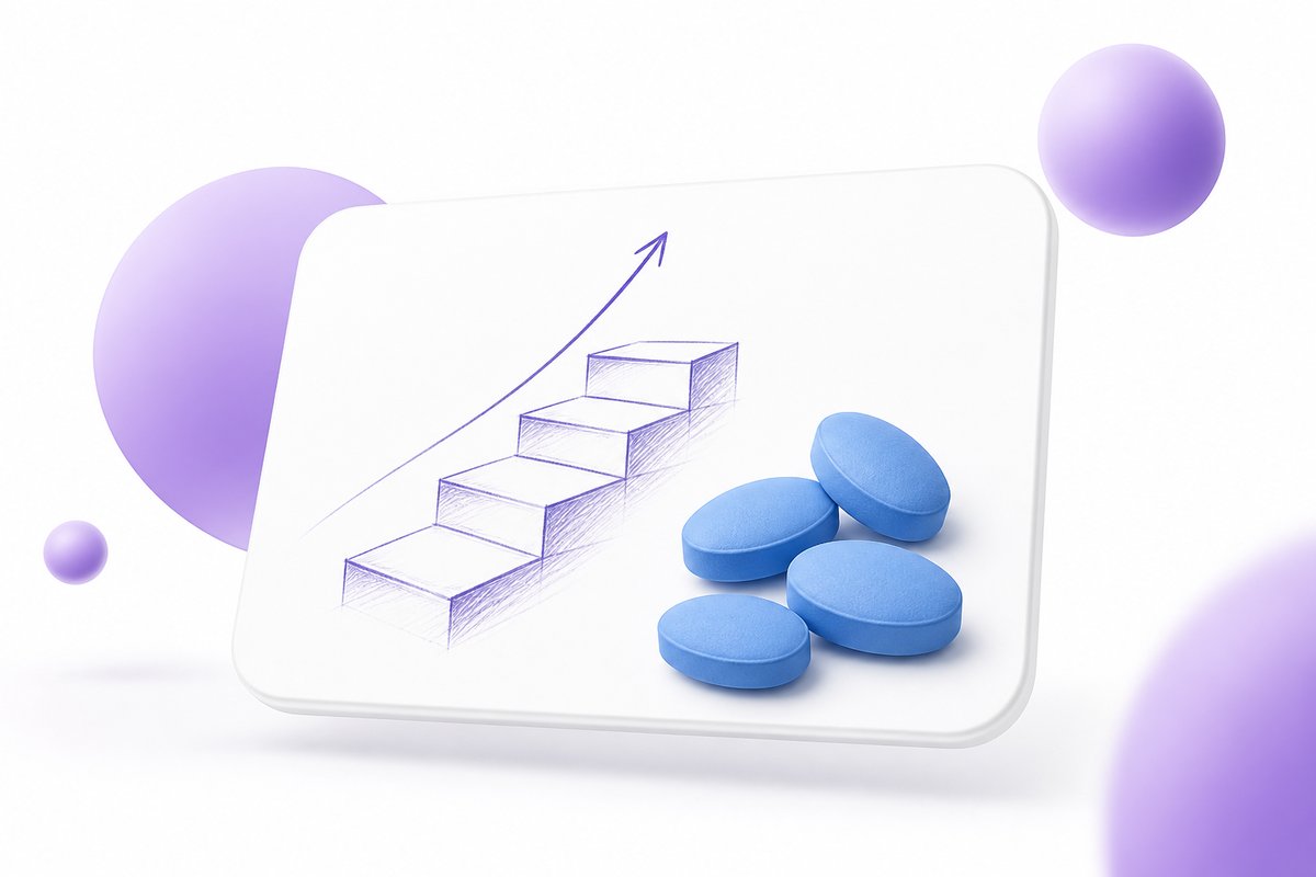 Steps marked 25, 50, 100 next to blue tablets