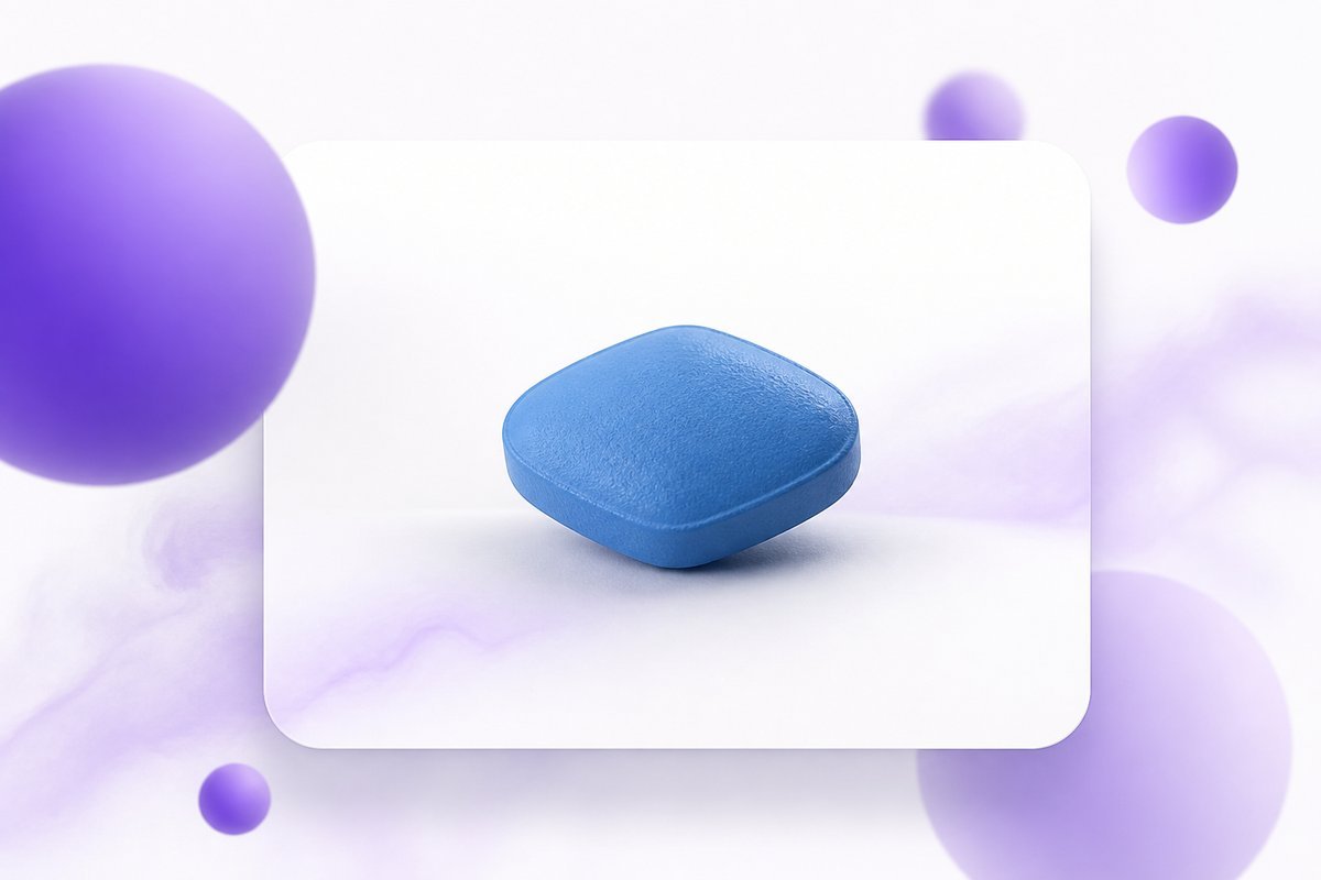 One 25 mg sildenafil tablet on a cleared plate, 50 and 100 set aside